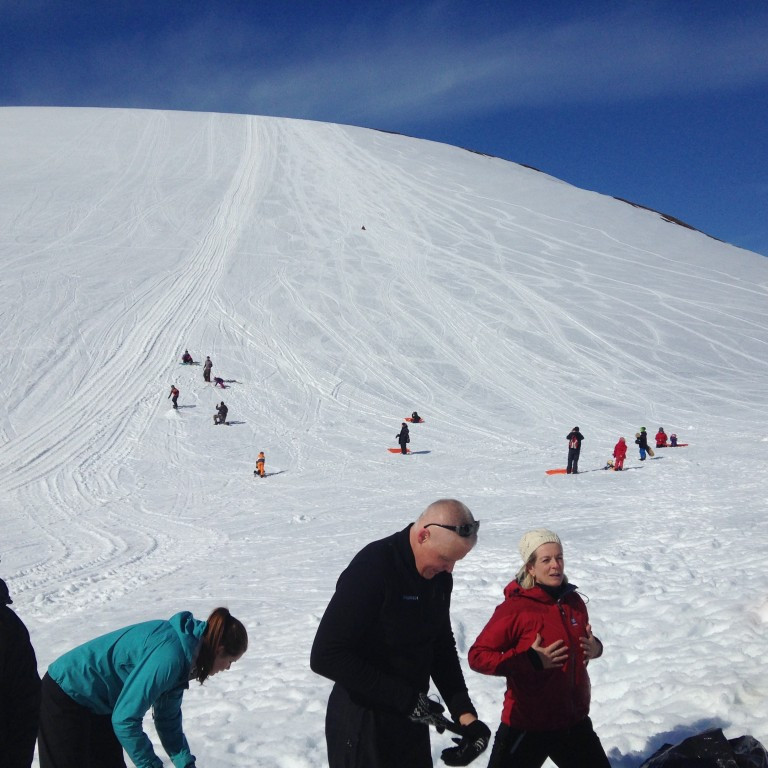 Snj&oacute;fj&ouml;r &iacute; brekkunni Krist&iacute;n Rut, Karen Bj&ouml;rk, Ingi, &Aacute;sta og Hugi komin ni&eth;ur.